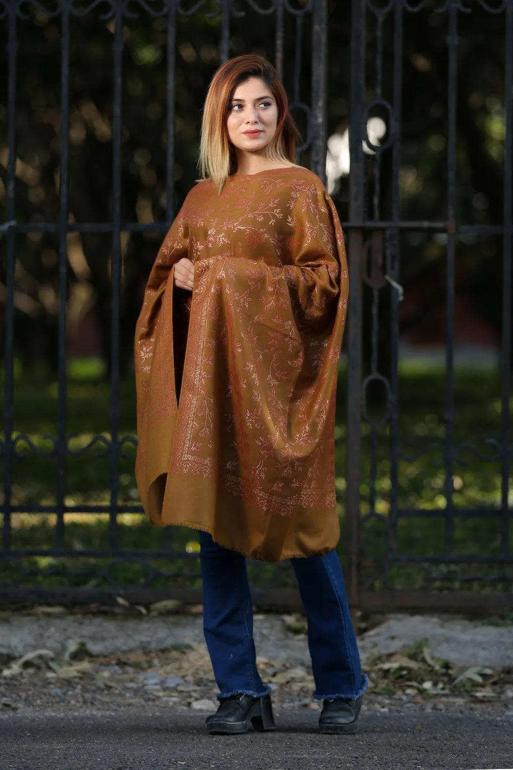 Caramel Brown Color Kani Stole With Graceful Dense Zari Jaal of  Kashmiri Embroidery