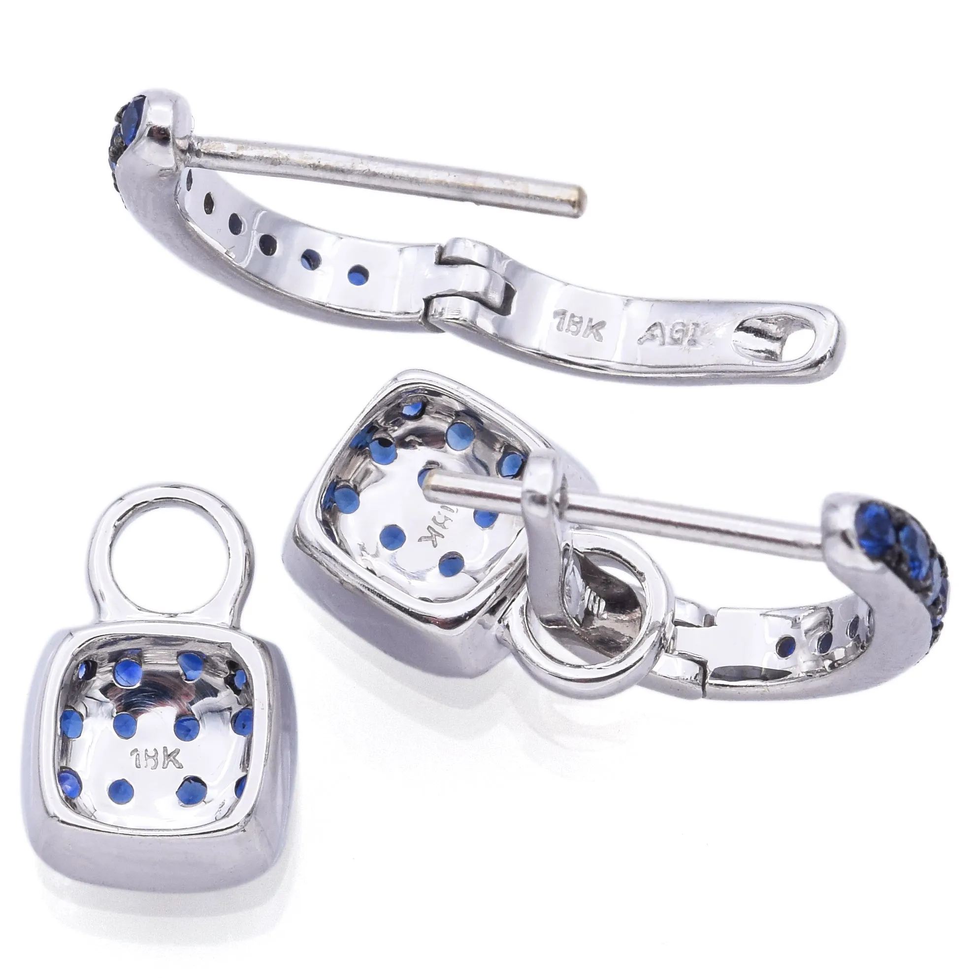 Estate 18K White Gold & Black Rhodium Sapphire Dangle Charm Hoop Huggie Earrings