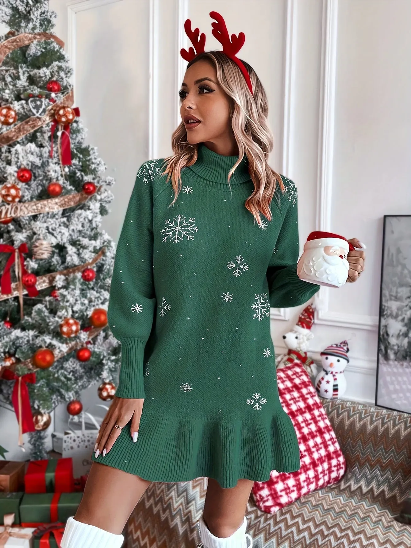 For Fall & Winter, Casual Christmas Snowflake Turtle Neck Knit Dress, Lantern Sleeve Ruffle Hem Women's Clothing