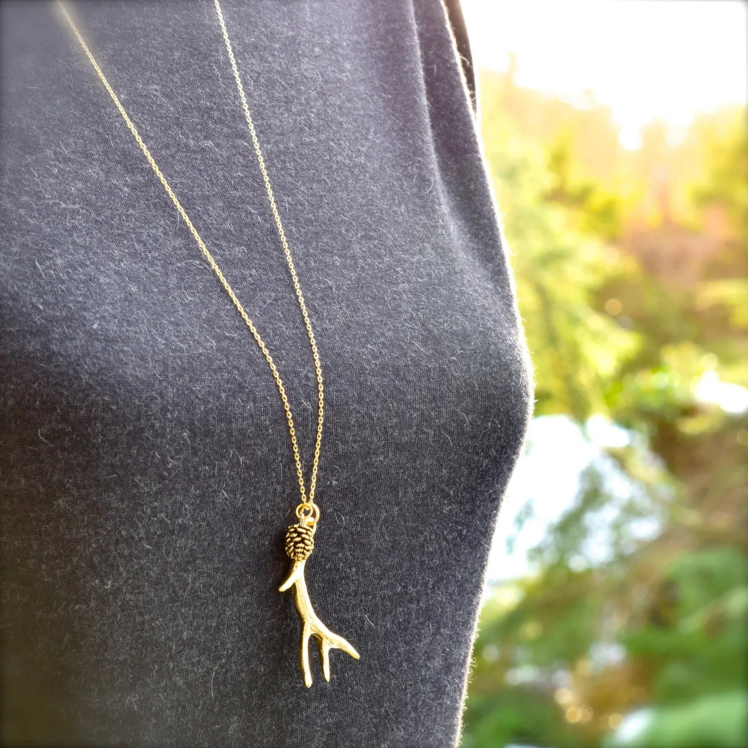 Gold Antler Necklace ~ Silver Pine Cone