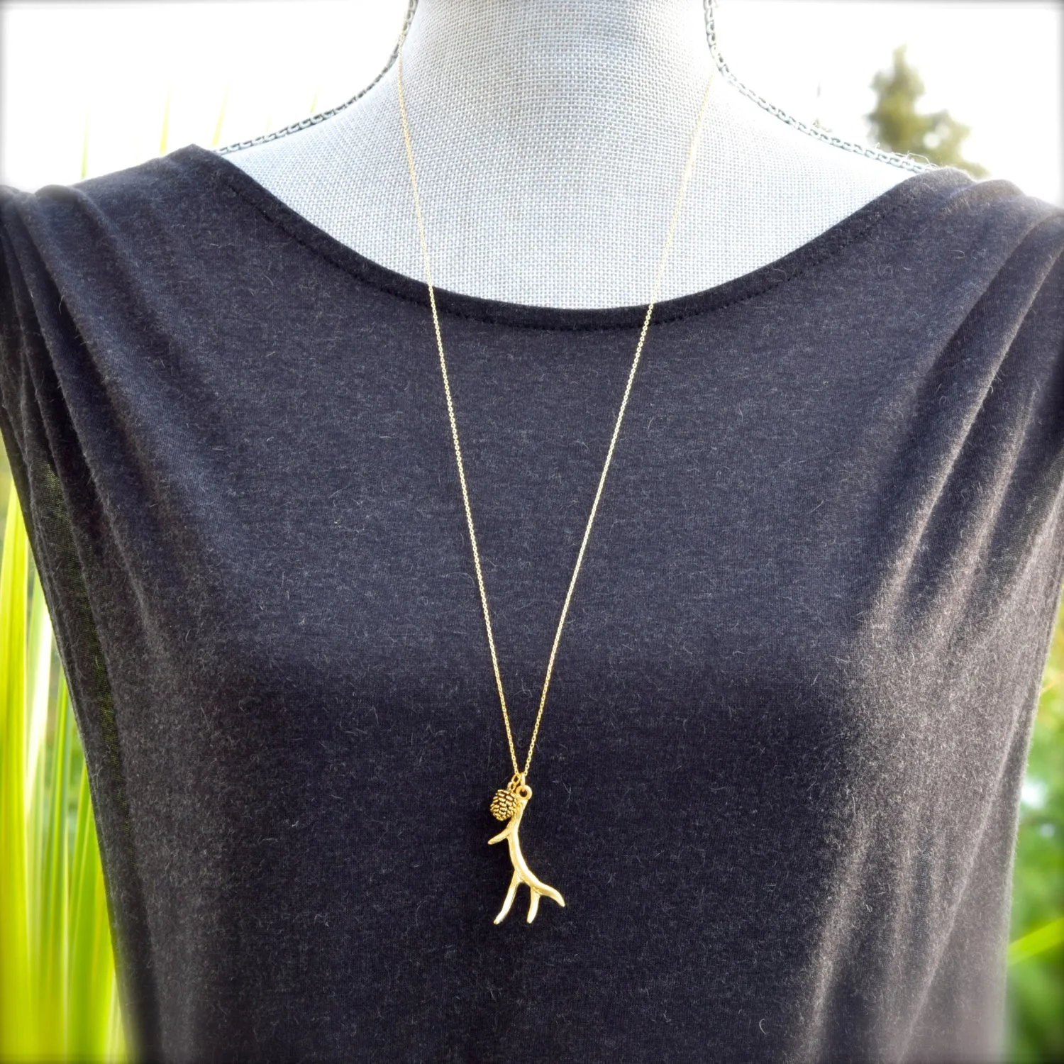 Gold Antler Necklace ~ Silver Pine Cone