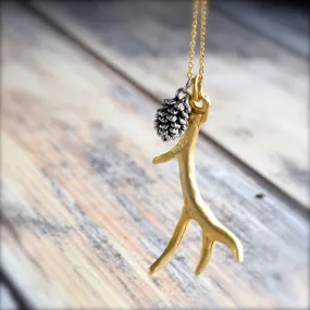 Gold Antler Necklace ~ Silver Pine Cone