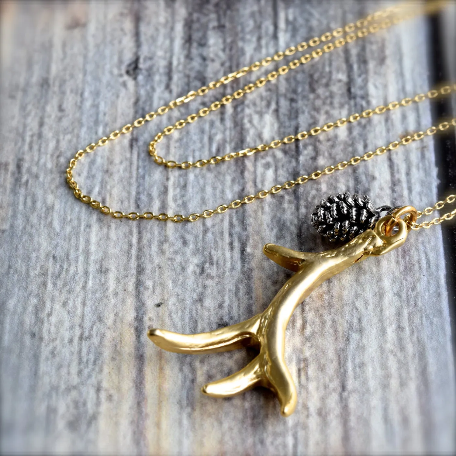 Gold Antler Necklace ~ Silver Pine Cone