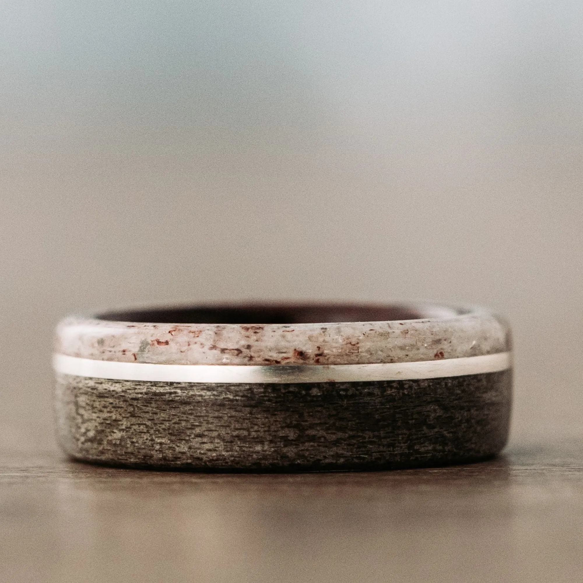 (In-Stock) Weathered Maple Wood Wedding Band with Rosewood Liner, Elk Antler Edge, and Offset Silver Inlay - Size 7.5 | 7mm Wide