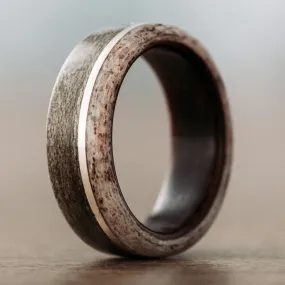 (In-Stock) Weathered Maple Wood Wedding Band with Rosewood Liner, Elk Antler Edge, and Offset Silver Inlay - Size 7.5 | 7mm Wide