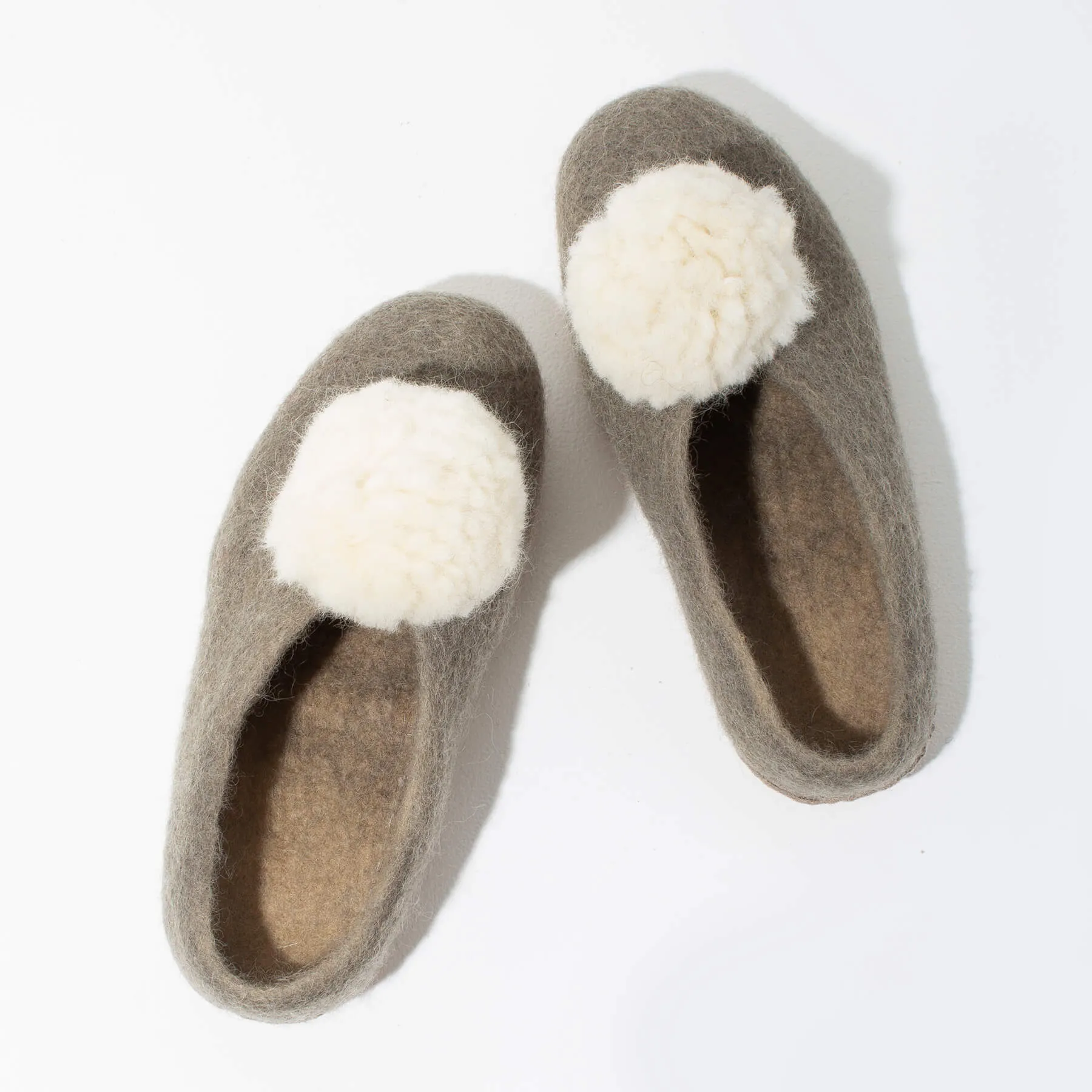 SALE - Pom Pom Felt Slippers - Light Grey   White