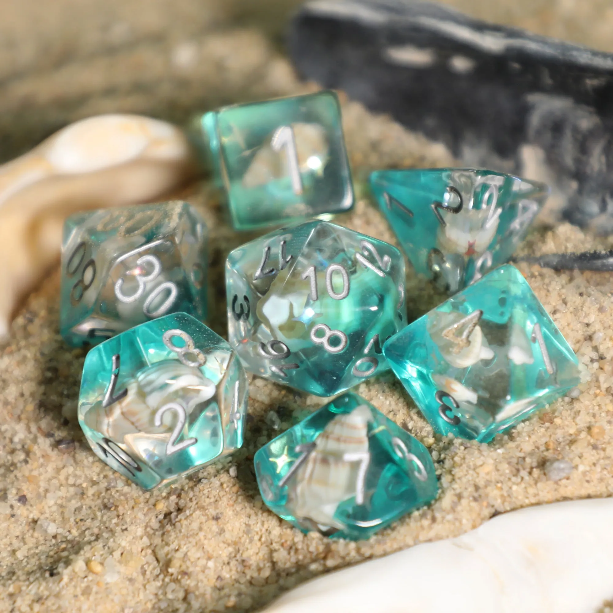 Teal Conch Shell Resin 7pc Dice Set